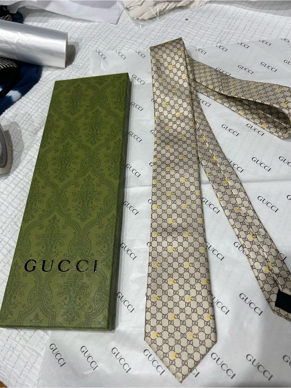 Gucci Beige and Brown GG Silk Tie with Gold Accent